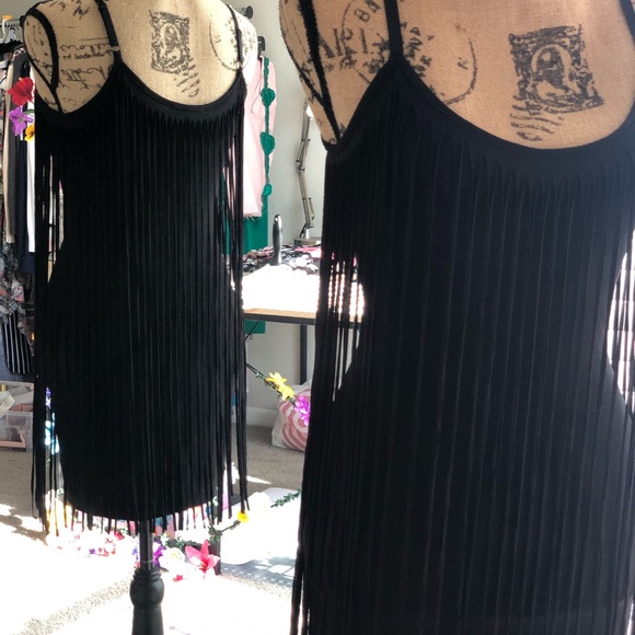 Peep Toe Black Fringe All Over Mini Dress - Picture 3 of 14